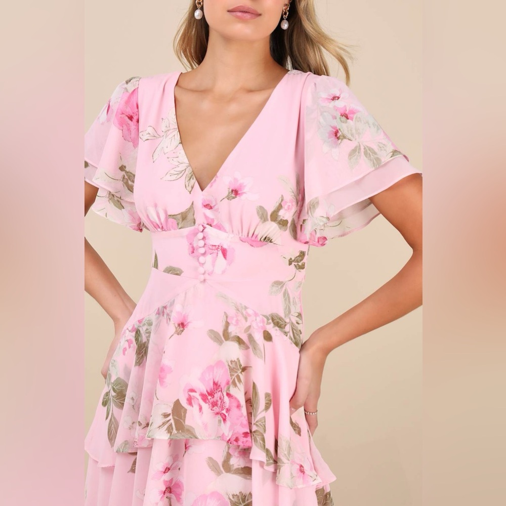 Lulus Midnight Mood Pink Floral Print Tiered Maxi Dress Size XS Feminine Wedding - Picture 2 of 13